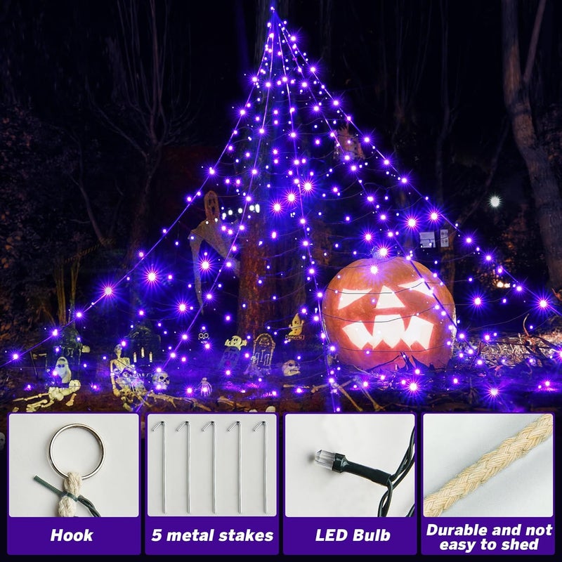BlcTec Halloween Decorations Giant Spider Web Lights, 19.7ft x 14.7ft Lighted White Spider Web with 250 LEDs, Sturdy Wire Halloween Web Lights with 8 Modes, Waterproof for Yard, Porch Decor (Purple) - Image 3